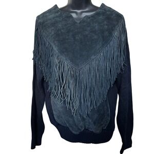 Vtg‎ Pioneer Wear Genuine Suede Fringe Sweater Sz XL Black Western Cowgirl 80s